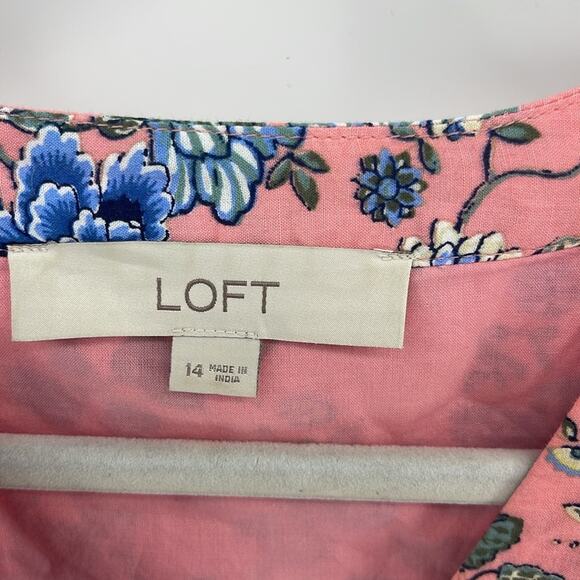 LOFT floral print V-neck 1/2 button up long sleeve tiered eyelet hem dress sz 14 - Picture 6 of 9